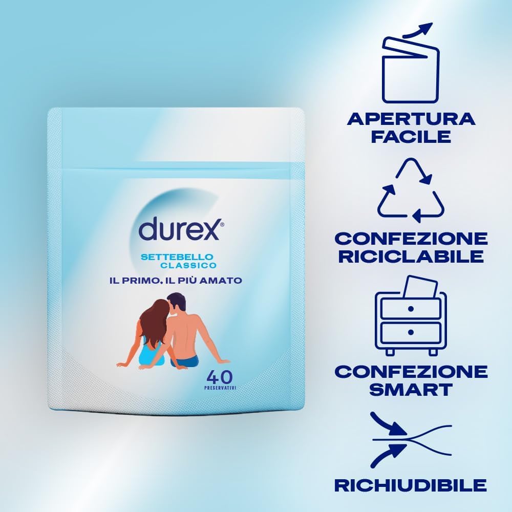 Durex Settebello Classico, Preservativi Durex Classici, Formato Convenienza, Confezione Riciclabile Salvaspazio, 80 Profilattici (2 Confezioni da 40)