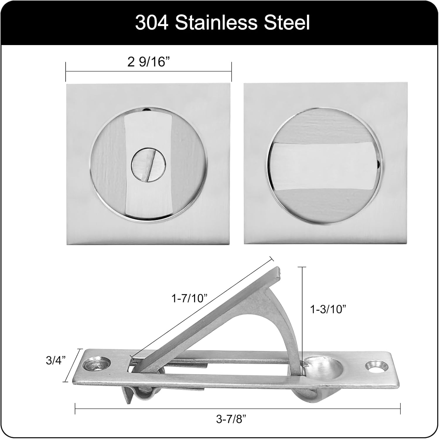 Pocket Door Lock with Edge Pull,Privacy Door Hardware Suitable for Bathroom Bedroom etc Recessed 2 Sided, 2 3/8" Backset, Invisible Hardware for 1 3/8” to 2 3/16” Thickness Door (Sliver+Edge Pull)