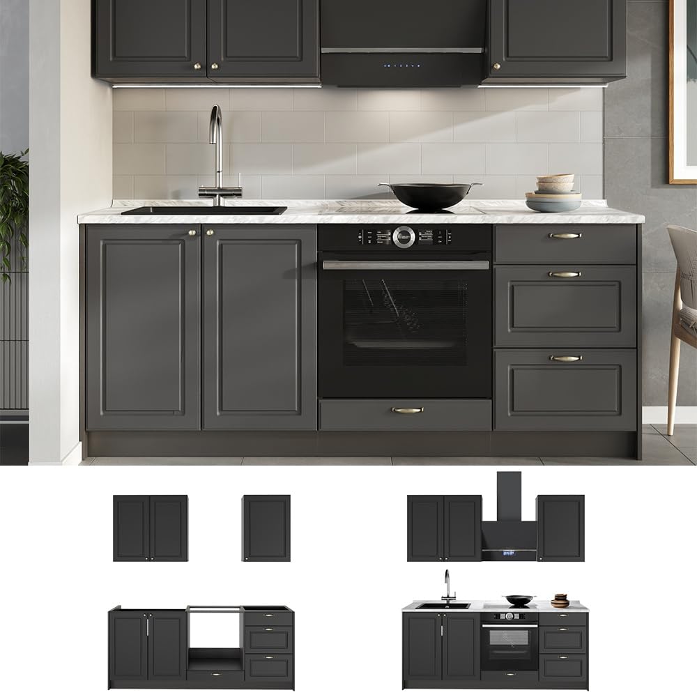 Vicco Cucina monoblocco Fame-Line Antracite country/Antracite 190 cm | 5 Moduli · Piedini regolabili in altezza · Senza piano di lavoro · Ante in MDF · Softclose · Maniglie in metallo