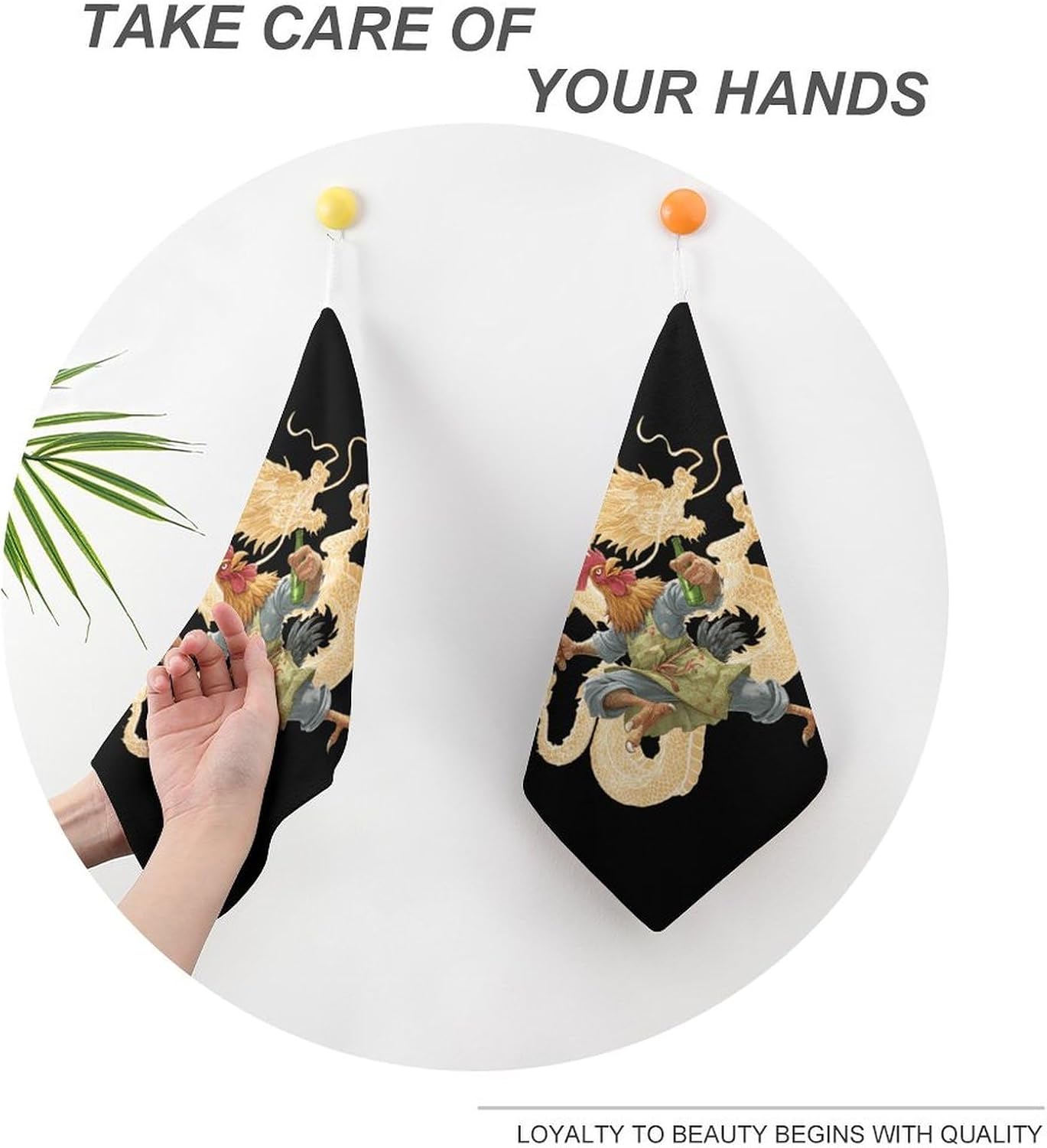 Chinese Kung Fu Cock Rooster Beer Microfiber Hand Towels for Bathroom Soft Absorbent Bath Kitchen Towel with Hanging Loop 4PCS
