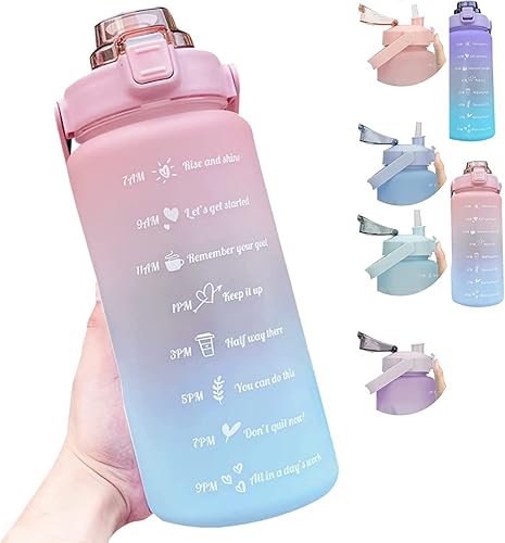 Amszke Botella de agua motivacional grande con pajilla, botella de agua de medio galón de 64 onzas con asas, a prueba de fugas, sin bisfenol A,