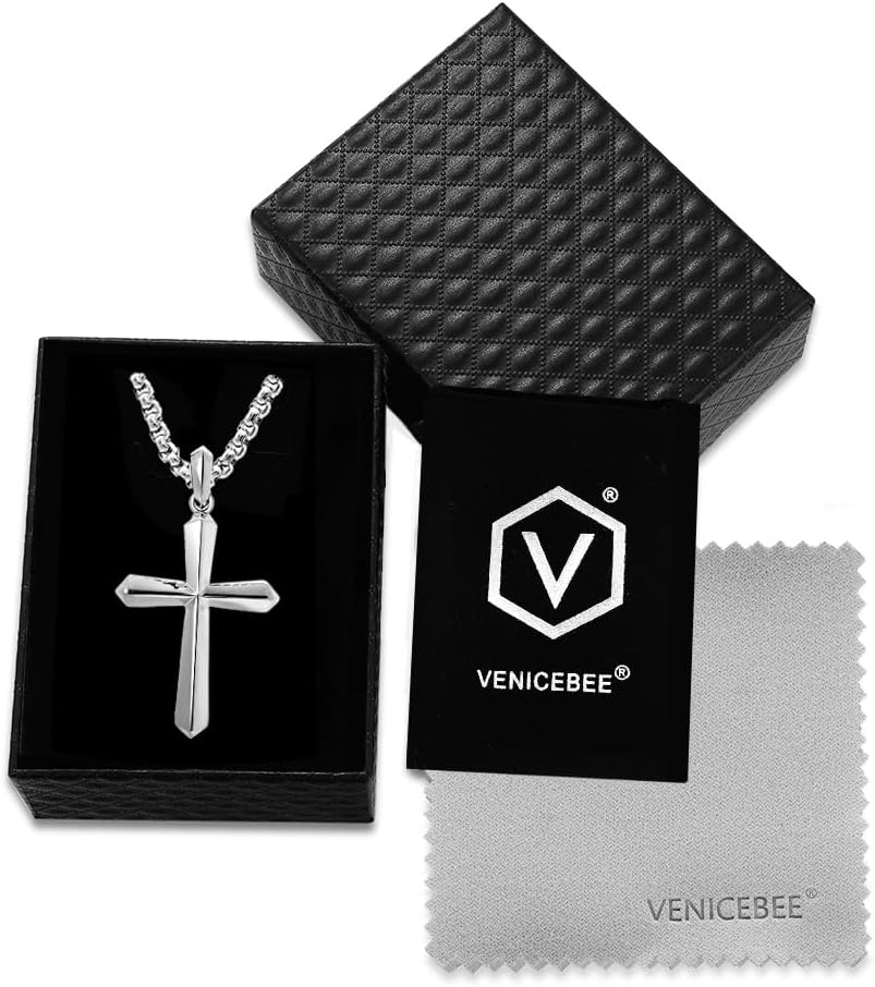 VENICEBEE® Traditional Christian Cross Pendant Necklace Solid 925 Sterling Silver Metal Sacramental Protection Perfect Medium Size Cross + Black Velvet Pouch, Polishing Cloth, Fine Gift Box - Image 6