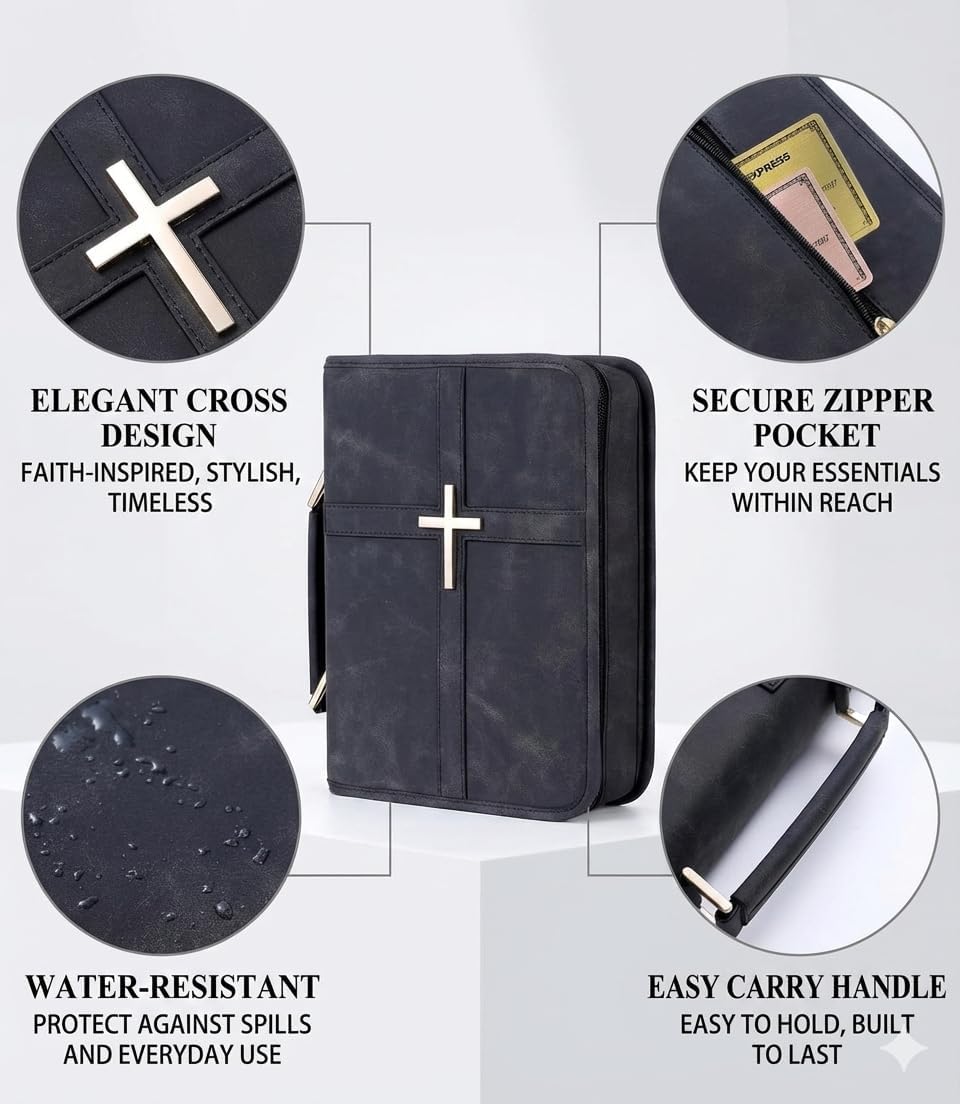 Bible Cover Case PU Leather Bible Bag with Handle and Phone Pocket Large Protective Scripture Carrier with Cross Design for Men Women Church Study Gifts