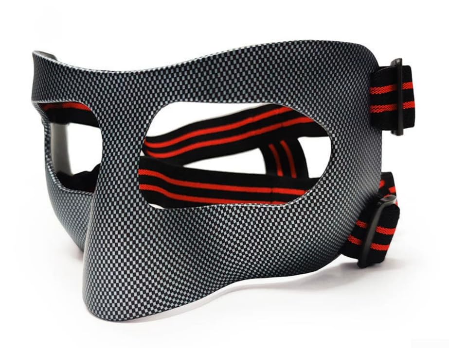 Lightweight Carbon Fiber Face Mask Nose Guard Designed for Basketball For Football with Adjustable Fit and Ventilation to Reduce Injury Risk (Black+Red Band)