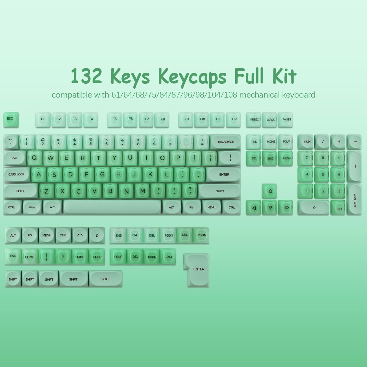 Crystal Jelly PBT Keycaps - 132 klawisze HOA Profile Double Shot Keycap Green Translucent Liquid Foundation Keycaps for Cherry MX Switch Mechanical Keyboards