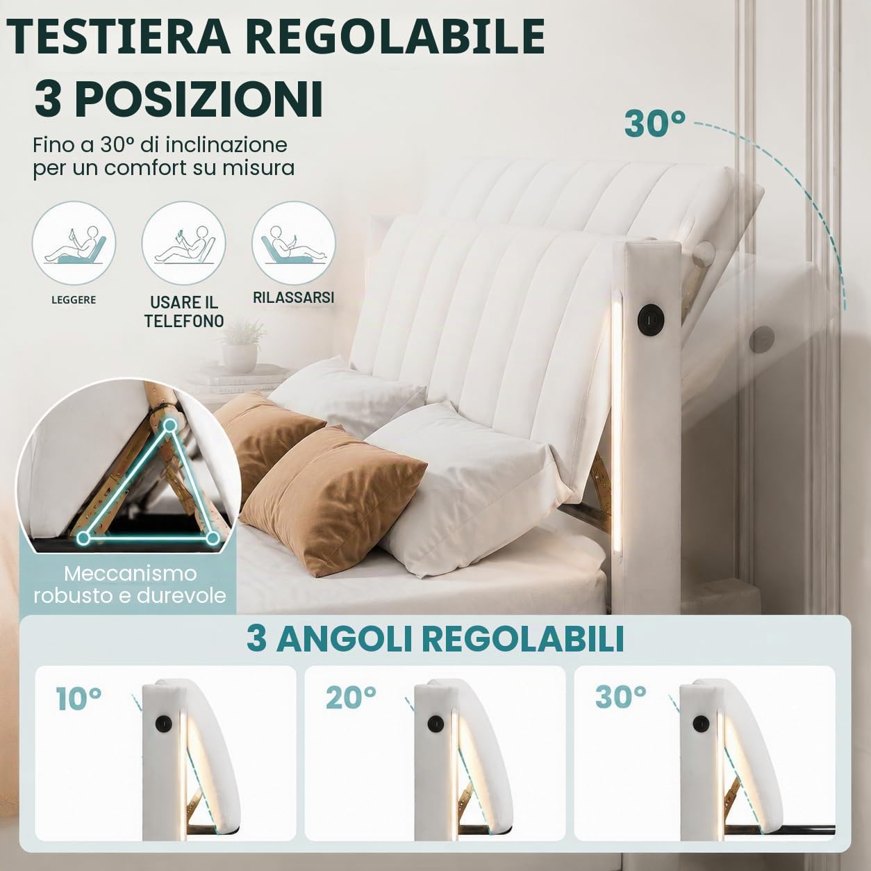 Zepneiy Letto matrimoniale con rete a doghe LED e USB, contenitore portaoggetti e testiera regolabile, imbottito con telaio 160x200 (senza materasso)