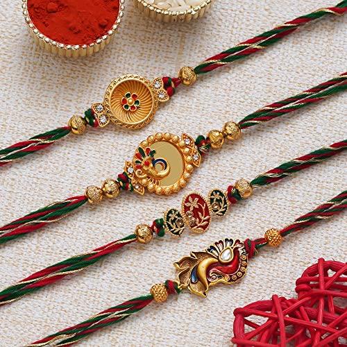 Image of eCraftIndia Set of 4 Red Golden White Pearls Rakhi for Brother Bhaiya Bhai | Roli Chawal Pack | Rakhi Combo