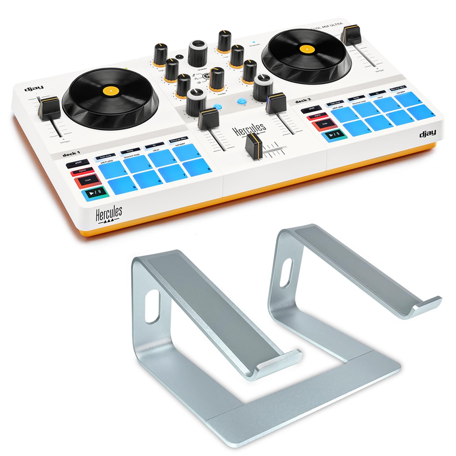 Hercules DJControl Mix Ultra mobilny kontroler DJ ze stojakiem na laptopa Keepdrum w kolorze srebrnym