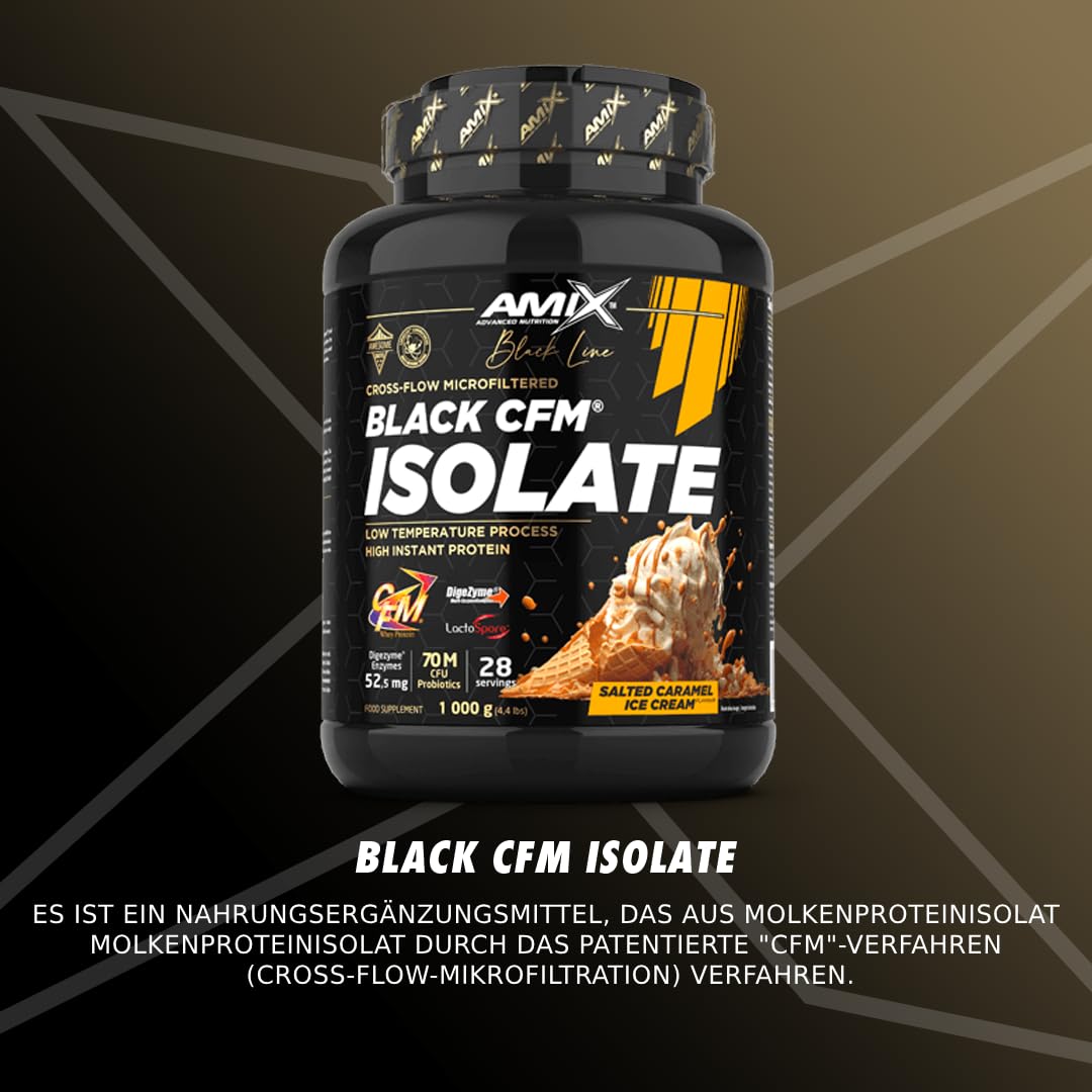 Amix | BLACK CFM ISOLATE Protein - Hilft bei der Erhaltung der Muskelmasse - Mit Verdauungsenzymen - Leichte Verdauung - Schnelle Absorption - Proteinpulver - 1 kg - Karamell-Salzgeschmack