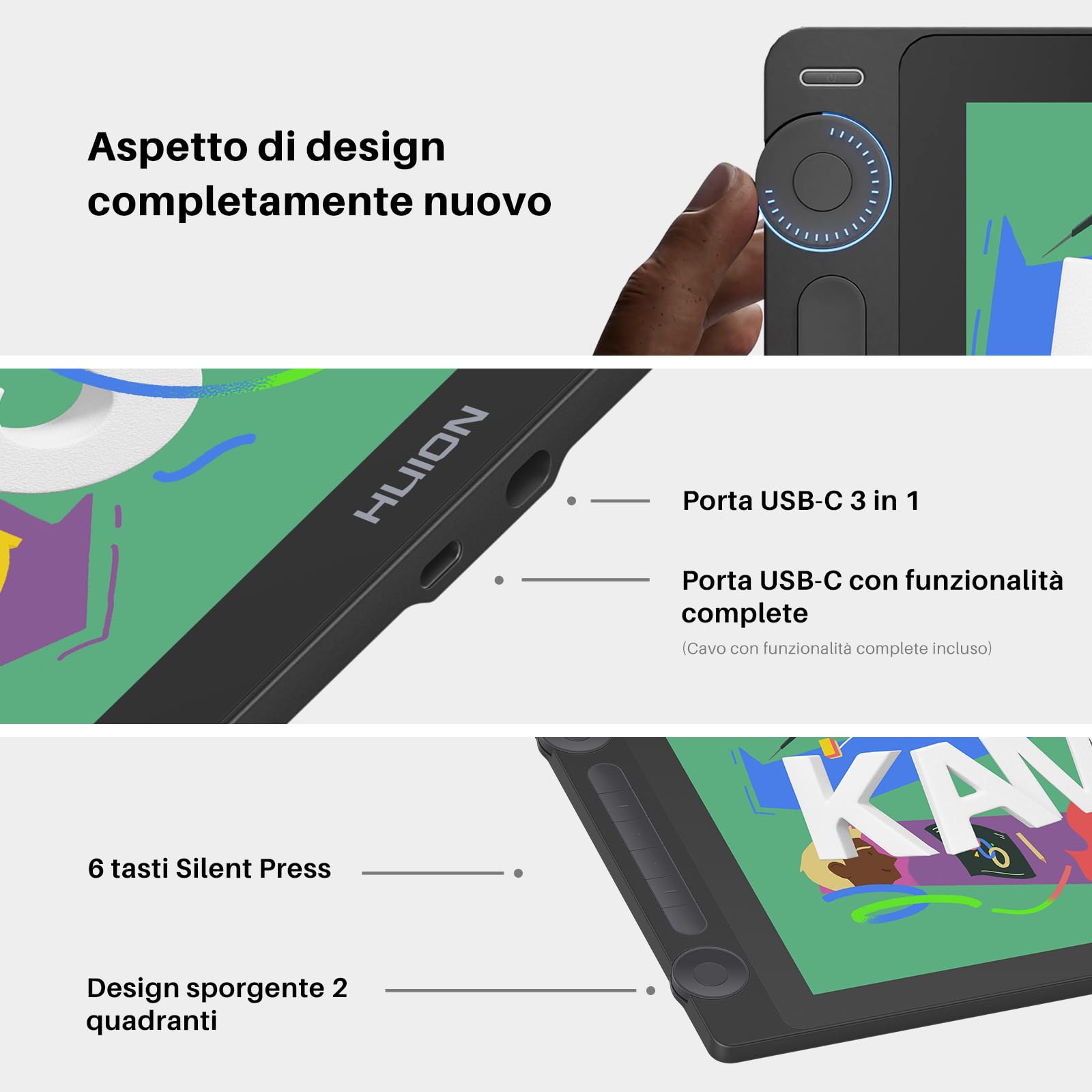 HUION KAMVAS 16 (Gen 3) Tavoletta Grafica con Schermo, PenTech 4.0, 15,8" 2.5K QHD Anti-Scintilla, 16384 Pressione Penna, Doppi Quadranti per Mac, PC, Android