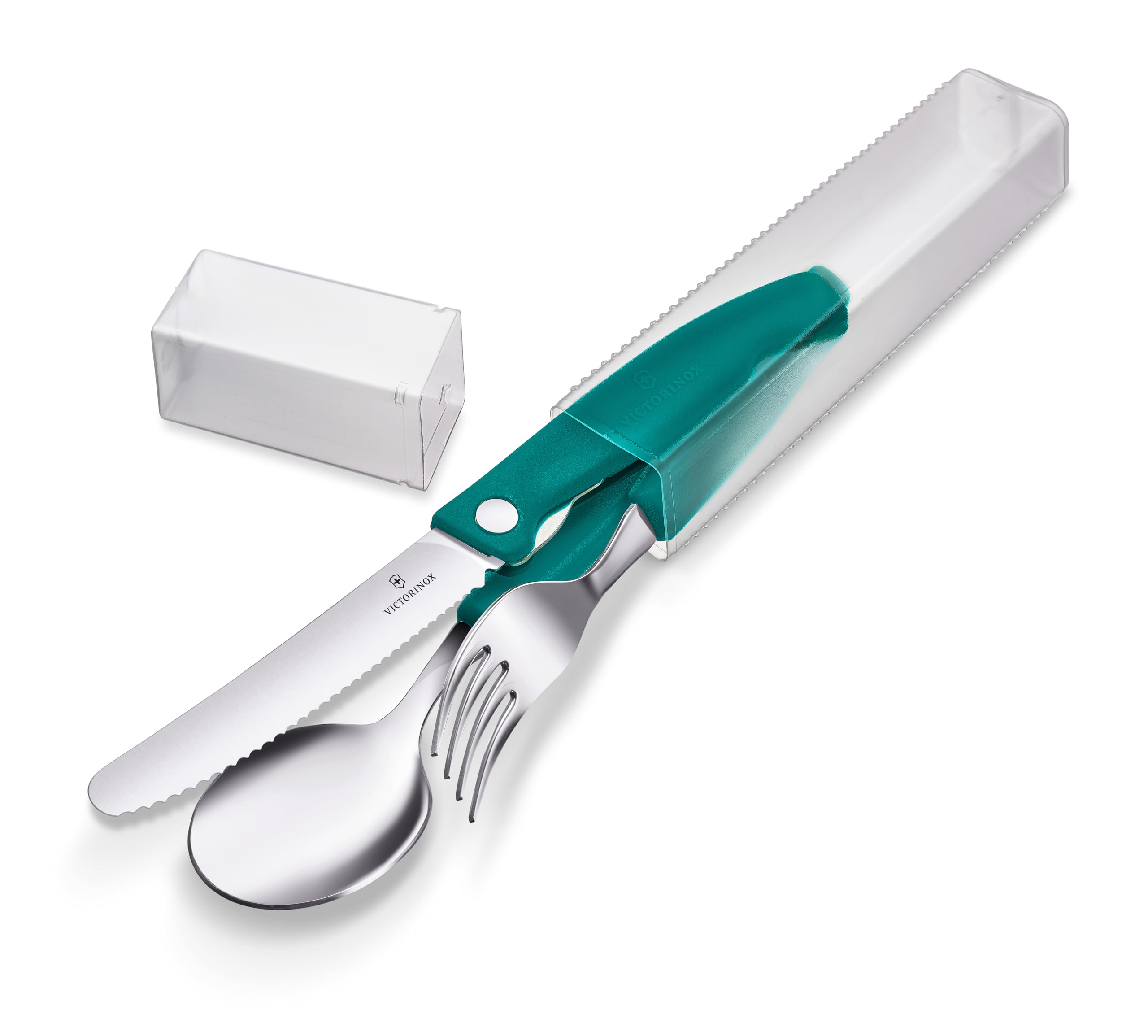 Victorinox Classic Picknick Besteck-Set, 3-teilig, Reisebesteck, Inkl. Klappbarem Messer, Gabel und Löffel, Robuste Kunststoffgriffe, Grün