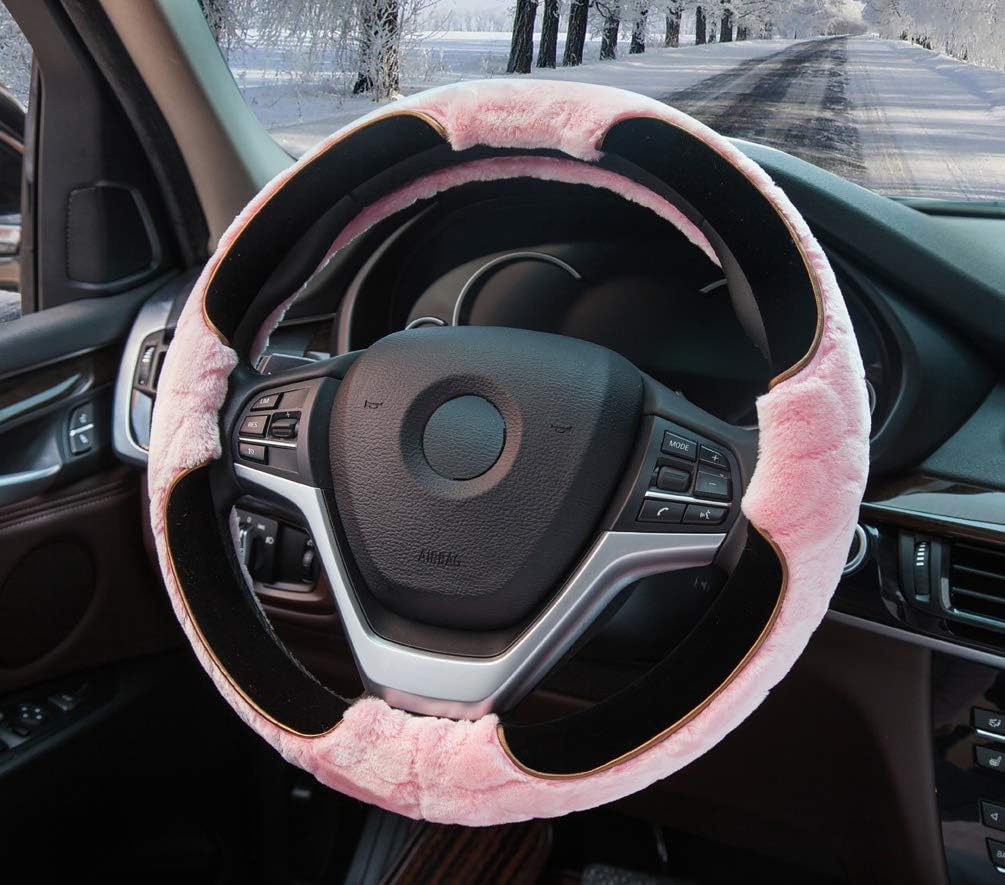 Super Accessories Auto Fluffy Steering Wheel Cover Pink Fuzzy Car Steering Wheel Cover with Winter Warm Faux Wool Universal 15 inch