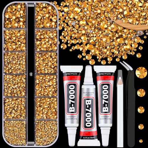 Resin Jelly Rhinestones for Crafting with B7000 Jewelry Glue 1 Box Gold Flatback Crystal with 3Pcs 10ml Glue Bedazzling Non Hotfix Gems for DIY Tumblers Clothing Shoes Manicure