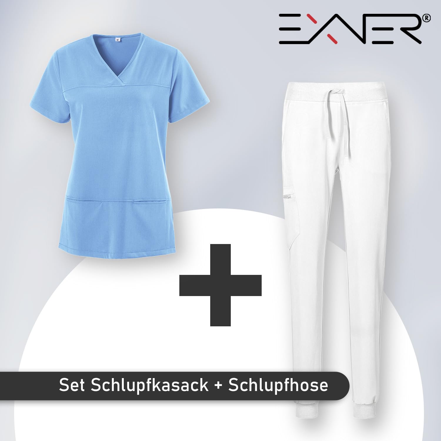 EXNER Medizin Kasack Set – Kasack & Hose für Damen und Herren, Pflegebekleidung Set in 8 Farbkombinationen, Oberteil farbig, Hose weiss, Schlupfkasack & Schlupfhose, XS–5XL