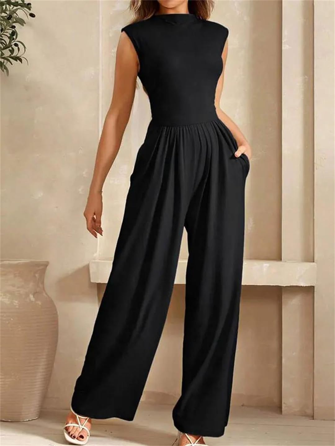 Yeuyyben Overol de verano sin mangas con cremallera y pierna ancha para mujer, estilo casual, ajustado, elegante, para fiestas y salidas nocturnas