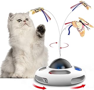 LFEX Cat Interactive Toys for Indoor Cats,Automatic Electronic Rotating Butterfly Kitten Toys with Roller 2 Tracks Ball, Exercise Funny Interactive Teaser Cat Toys with 3PCS Replacements (White)