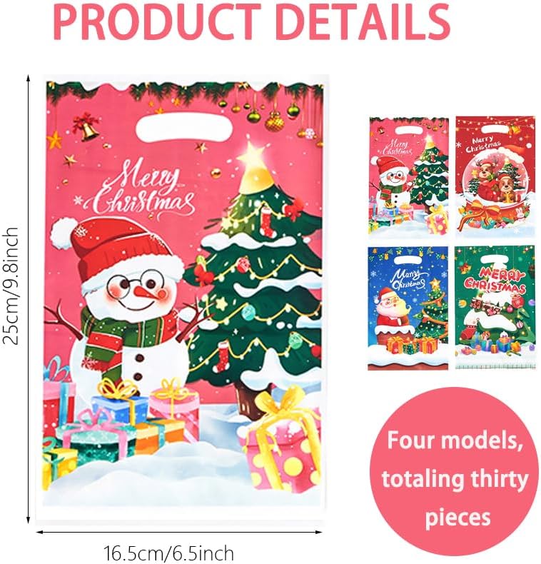 FJAKA 30pcs Christmas Plastic Gift Bags with Handles, Merry Christmas Goodie Bags, Santa Claus Plastic Goody Candy Cookie Snack Treat Party Favor Bags for Winter Xmas Holiday Party Decorations Favors - Image 2