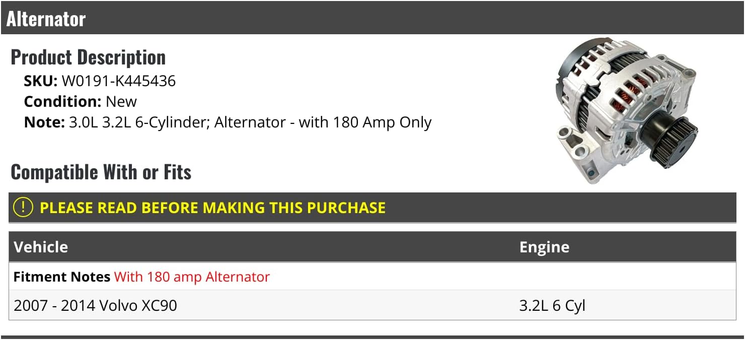 Alternator - Compatible with 2007-2014 Volvo XC90 3.2L 6-Cylinder with 180 Amp