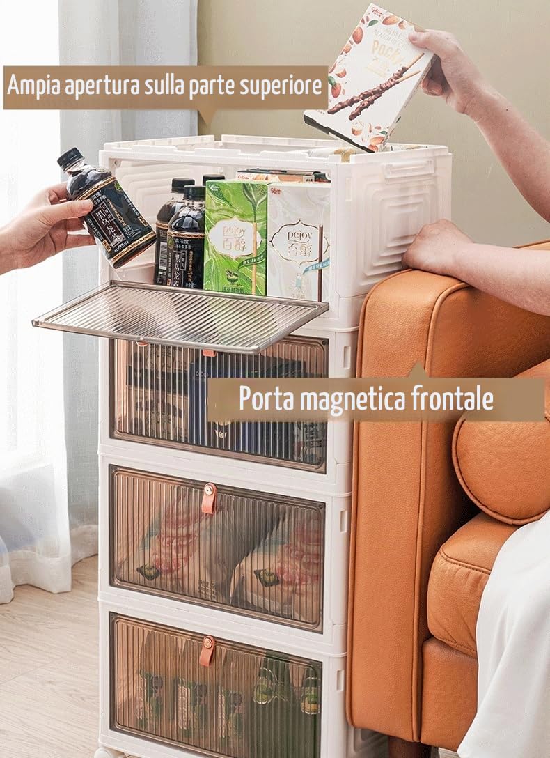 Contenitori pieghevoli con coperchio, ruote e porta magnetica, organizer pieghevole impilabile in ABS per cucina, guardaroba, soggiorno, ufficio (6 ripiani)