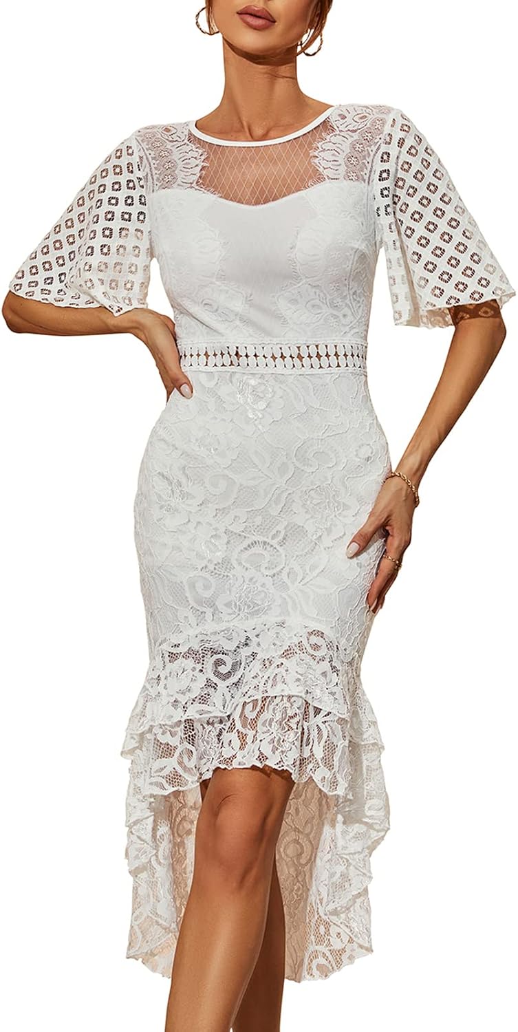 White Short Sleeve Boho Lace Long Dress Maternity Midi Western Hippie Casual Bridal Shower Formal Spring Summer Beach Cocktail Dresses Women L