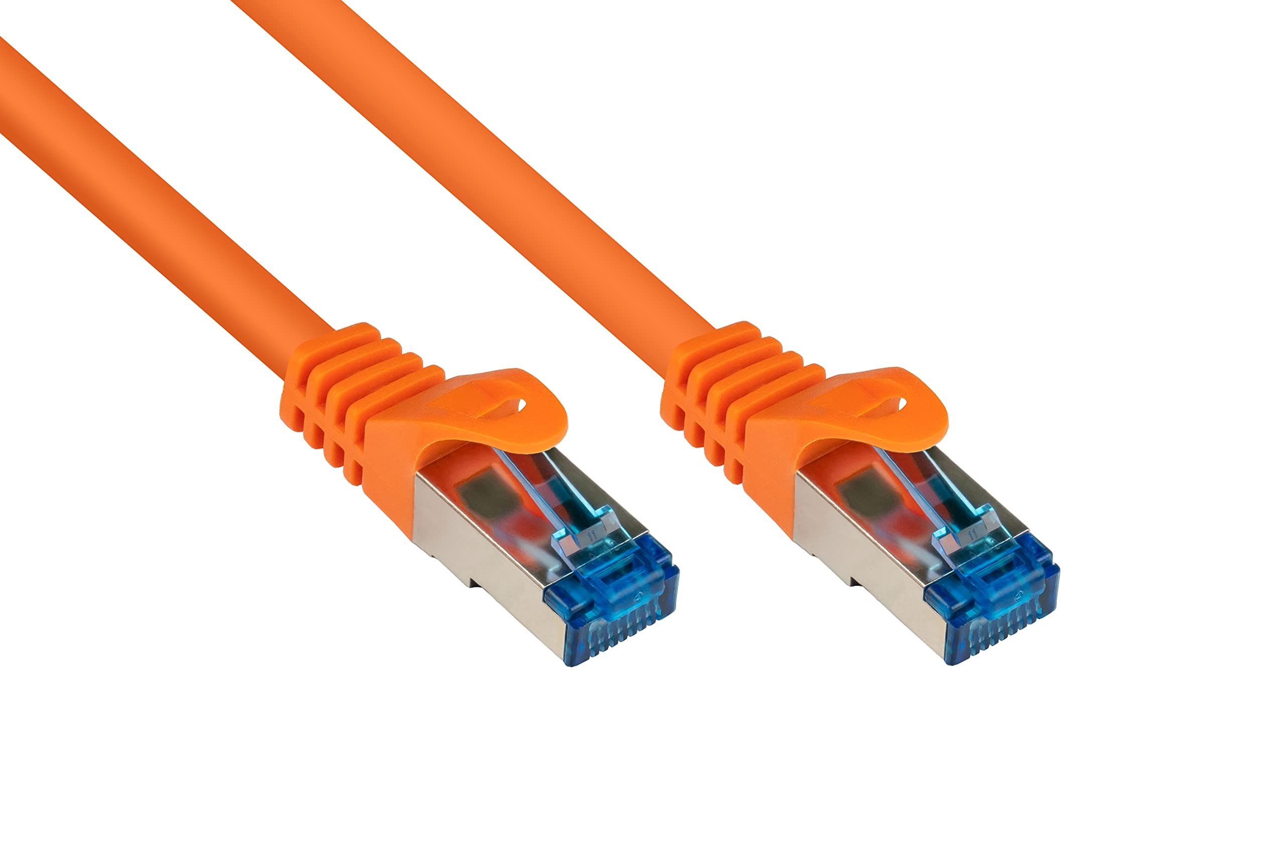 Good Connections Cat.6A Ethernet LAN Patchkabel mit Rastnasenschutz RNS, S/FTP, PiMF, halogenfrei, 500MHz, OFC, 10-Gigabit-fähig (10/100/1000/10000-Base-T Ethernet Netzwerke) - z.B. für Patchpanel, Switch, Router, Modem - orange, 1,5m