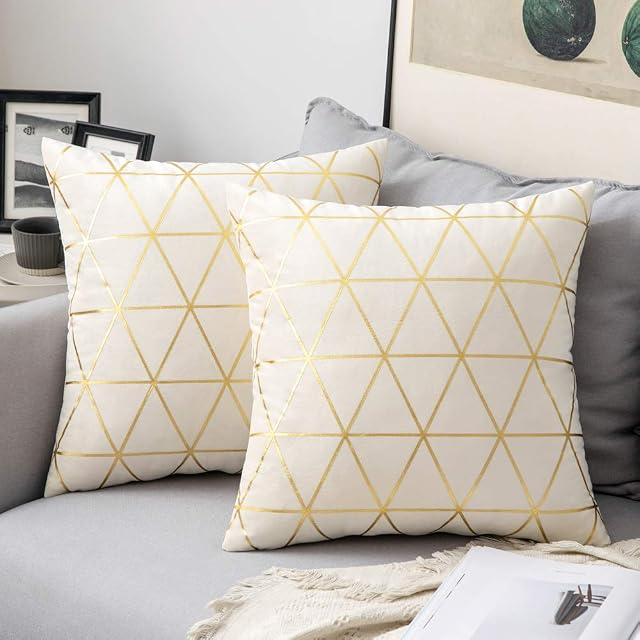 MIULEE Velvet Cushion Cover Gilded Throw Pillow Covers with Gold Lines Triangle Pattern Square Decorative Soft Home for Sofa Living Room Bedroom Cream 18 x 18 Inch 45 x 45 cm Pack of 2