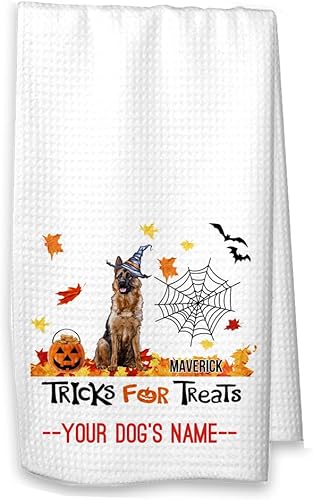 Miniatura 8 de Studio 9Thirty3 Tricks for Treats - Toalla de cocina de pastor alemán de Halloween, decoración de otoño para mamá (toalla blanca, negra con nombre)