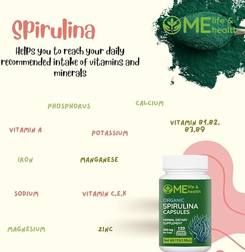 Miniatura 6 de ME LIFE & HEALTH Cápsulas SPIRULINA, ricas en proteínas, antioxidantes y vitaminas, polvo de espirulina 100% orgánica, apoya la salud inmunológica y