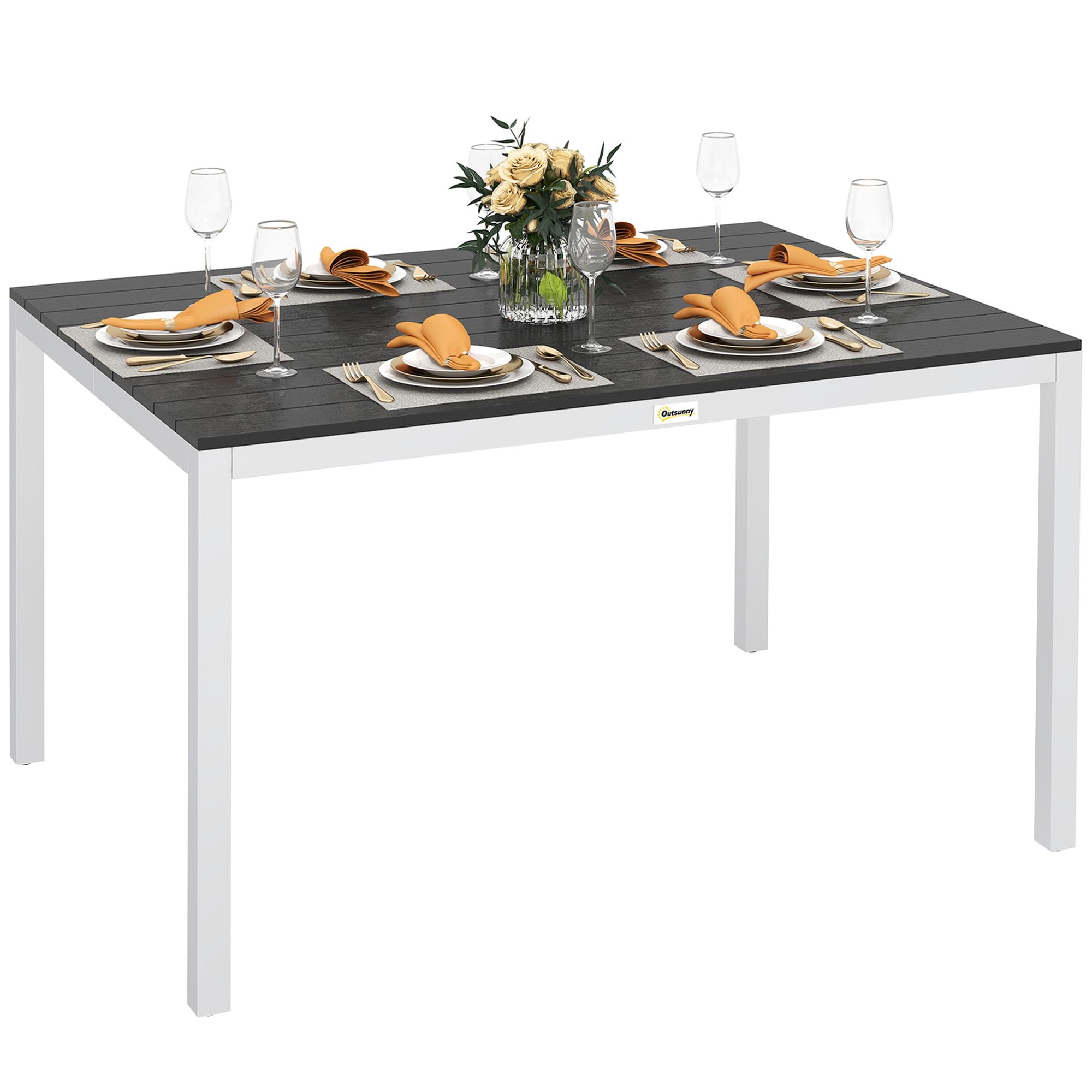 Outsunny Mesa de Comedor de Jardín Rectangular Mesa de Terraza Exterior 120x90x72 cm con Estructura de Aluminio Imitación Madera y Encimera de Listones Carga 50 kg para Patio Balcón Negro