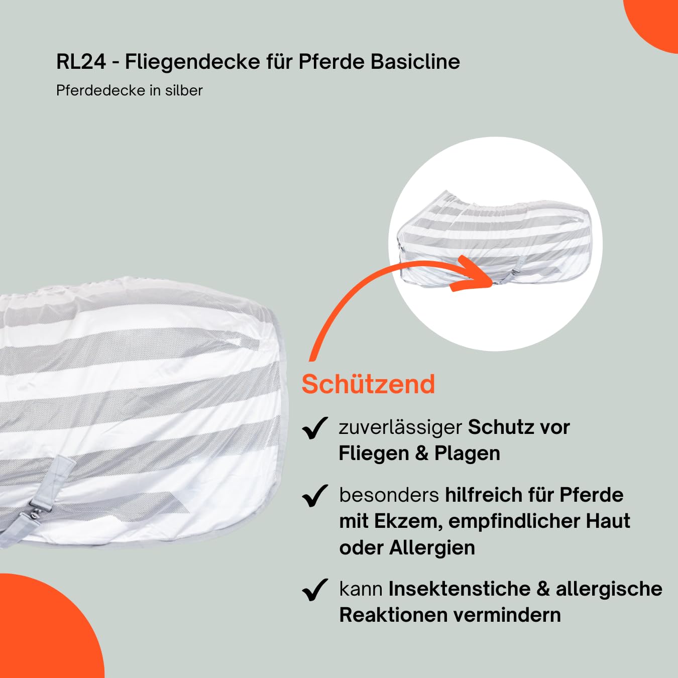 RL24 - Fliegendecke für Pferde Basicline | effektiver Schutz vor Insekten | Ekzemerdecke mit Verstellbarer Kreuzbegurtung | atmungsaktiv & strapazierfähig | Pferdedecke in Silber | 135cm