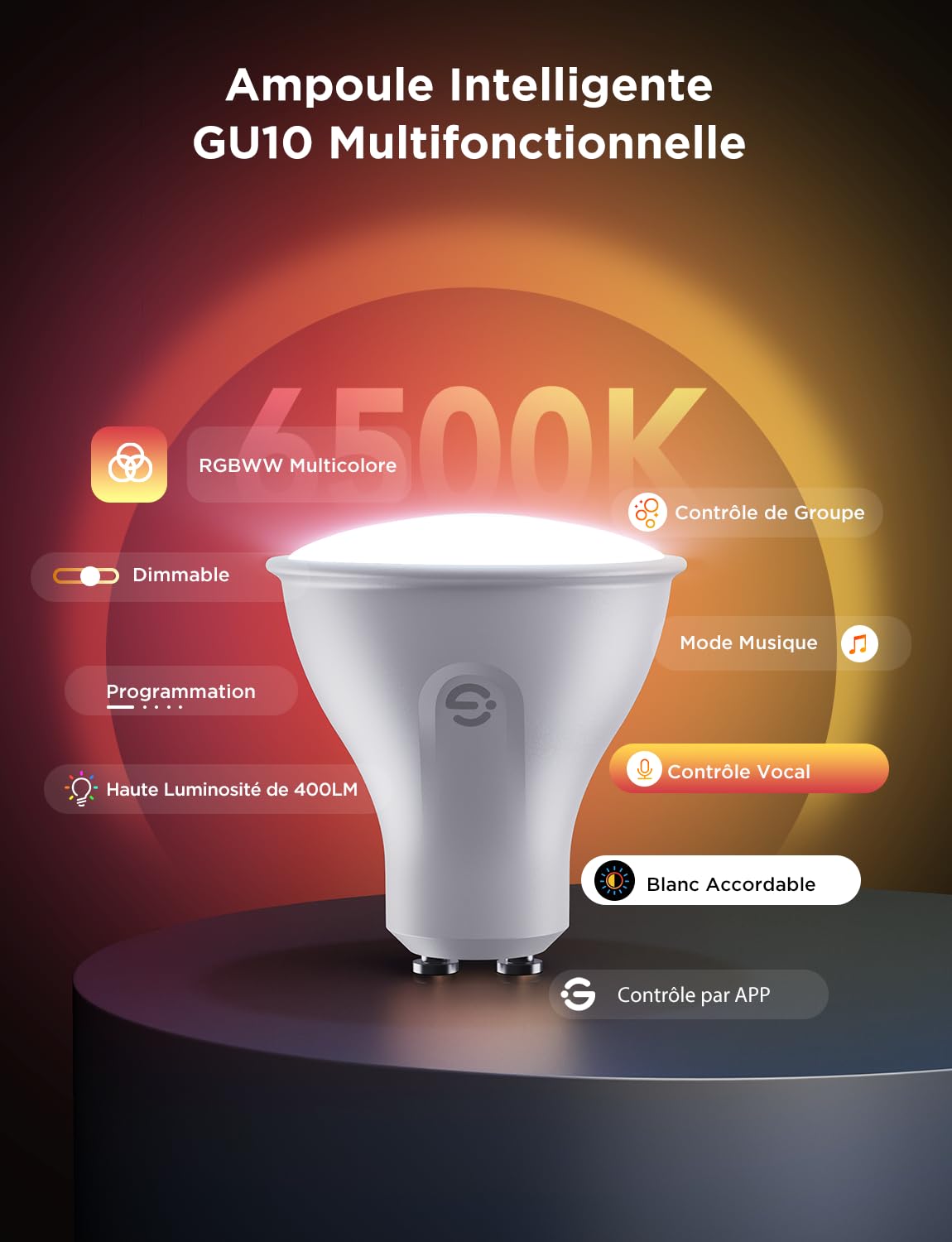 Govee Ampoule Connectée WiFi, Ampoule LED GU10 RGBWW Fonctionne avec Matter, Alexa et Google Home, Lampe GU10 Intelligente 400LM Dimmable, 16 Millions de Couleurs, Synchronisation de Musique, 4 Pack | Fonctionne avec Matter, Alexa et Google Home, Lampe GU