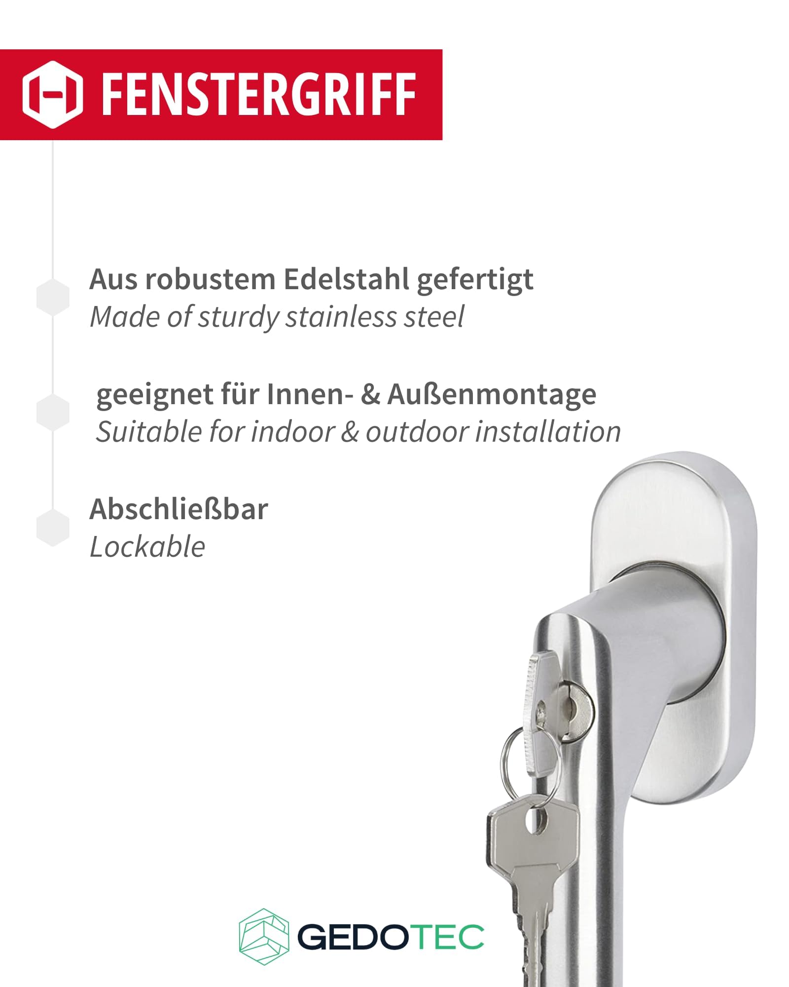 Gedotec uchwyt okienny ze stali nierdzewnej, zamykany oliwkowy w kształcie litery L | z blokadą wychylną z cylindrem zamykającym | stal szlachetna matowa szczotkowana | 1 sztuka - stylowe okucie okienne srebrne z rastrowaniem