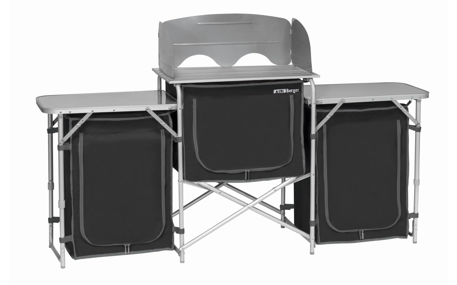 Campingküche XL, mobile Aluminium Küchenbox mit Windschutz, aufrollbare Arbeitsplatte, höhenverstellbare Füße, 5 Staufächer, tragbare Campingküche für Outdoor, Campingplatz, Reise und Kochen im Freien