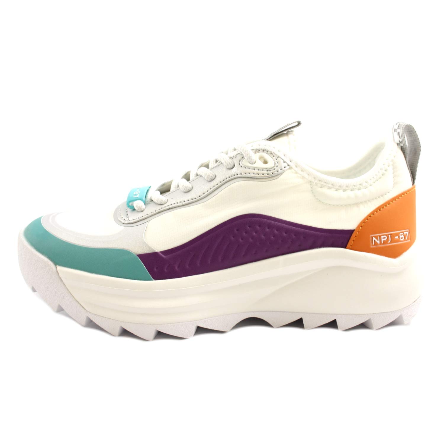 Women's Sneakers Shoes Flint Model in White Leather and Fabric with Multicolored rubberized inserts.