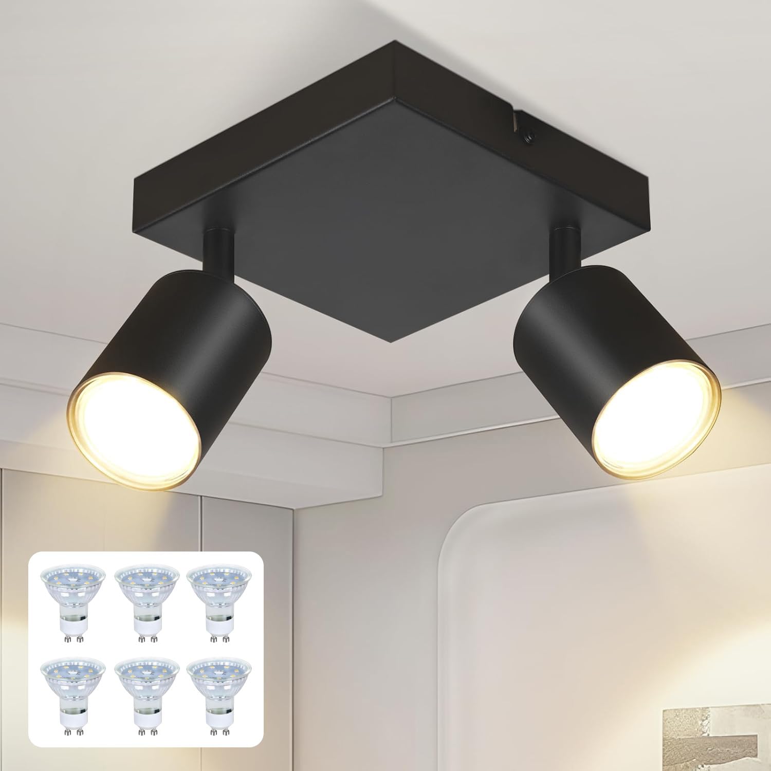 Glitzerlife Deckenleuchte 2 Flammig Deckenlampe Schwarz - Deckenstrahler Eckig 6×4.8W GU10 3000K Schwenkbar 350° Deckenspot Modern Metall Küchenlampe Flur Wohnzimmer Schlafzimmer MAX.25W