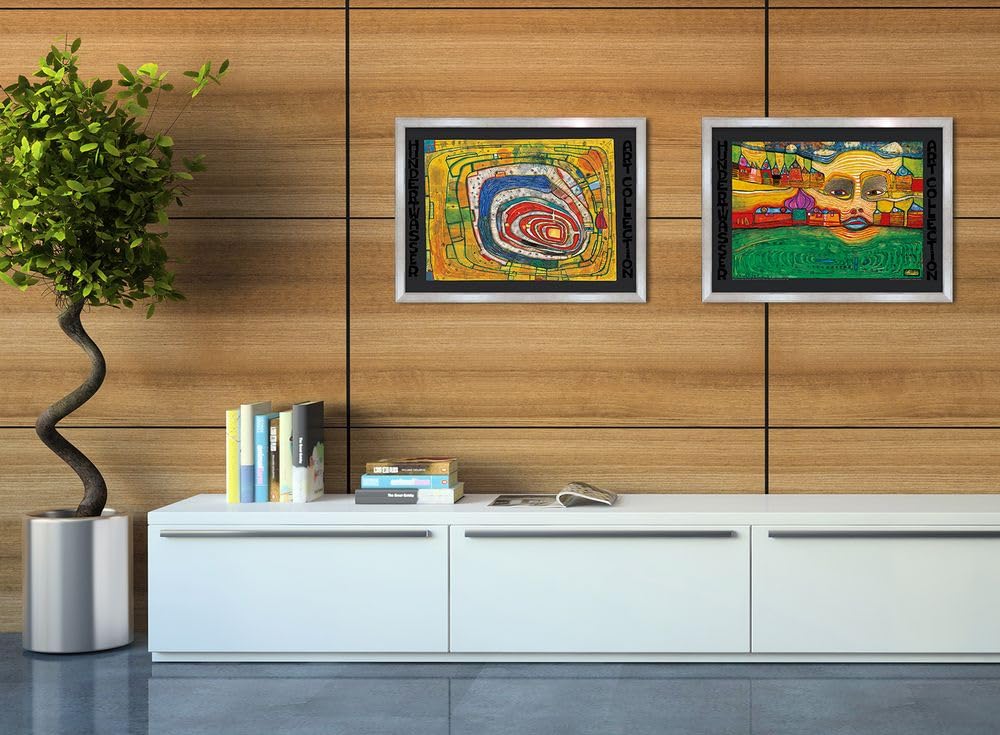 artissimo Bild gerahmt 72x53 cm Friedensreich Hundertwasser „Insel im gelben Meer“ AG4691 – hochwertiger Kunstdruck mit Rahmen, modernes Wandbild für Wohnzimmer, Büro & Praxis