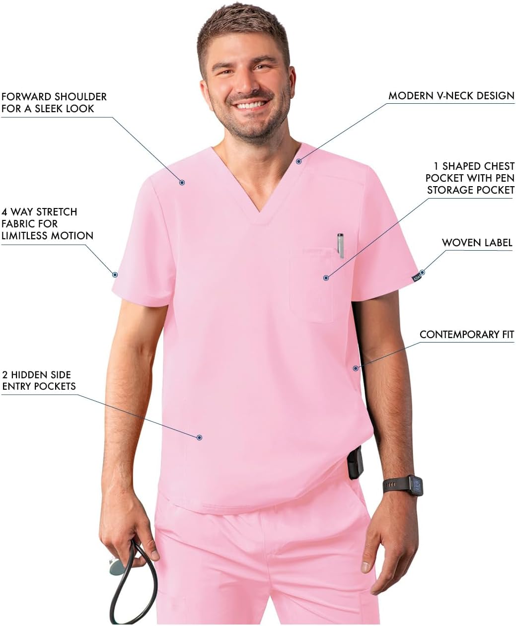 Adar Addition Scrubs for Men - Modern Multi Pocket V-Neck Scrub Top - Image 3