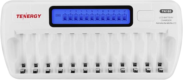 Tenergy TN160 LCD Battery Charger 12-Bay Smart Battery Charger for AA/AAA NiMH/NiCd Rechargeable Batteries Charger with Refresh Function Household Battery Charger w/AC Wall Adapter
