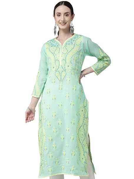 Ada Lucknowi Hand Embroidered Chikankari Cotton Kurta Kurti Tunic for Women A253605 (Sea Green, 2XL)