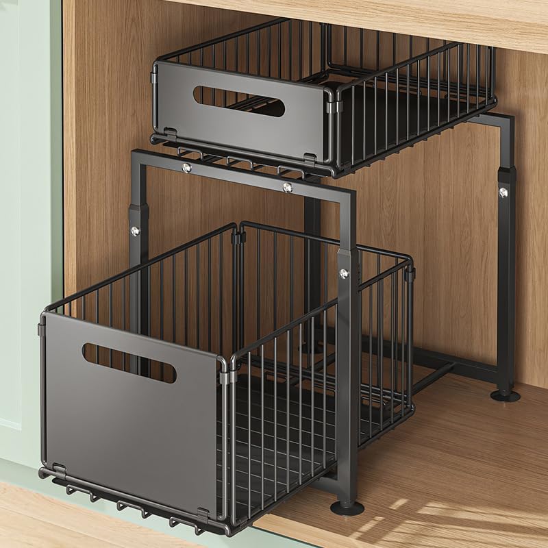 Organizer per Armadio da Cucina con Altezza Regolabile, 2 Livelli, Organizer da Cucina Estensibile, Scaffale da Cucina, Piano di Lavoro in Metallo Sotto-Lavello per Bagno, Cucina (1, Doppio