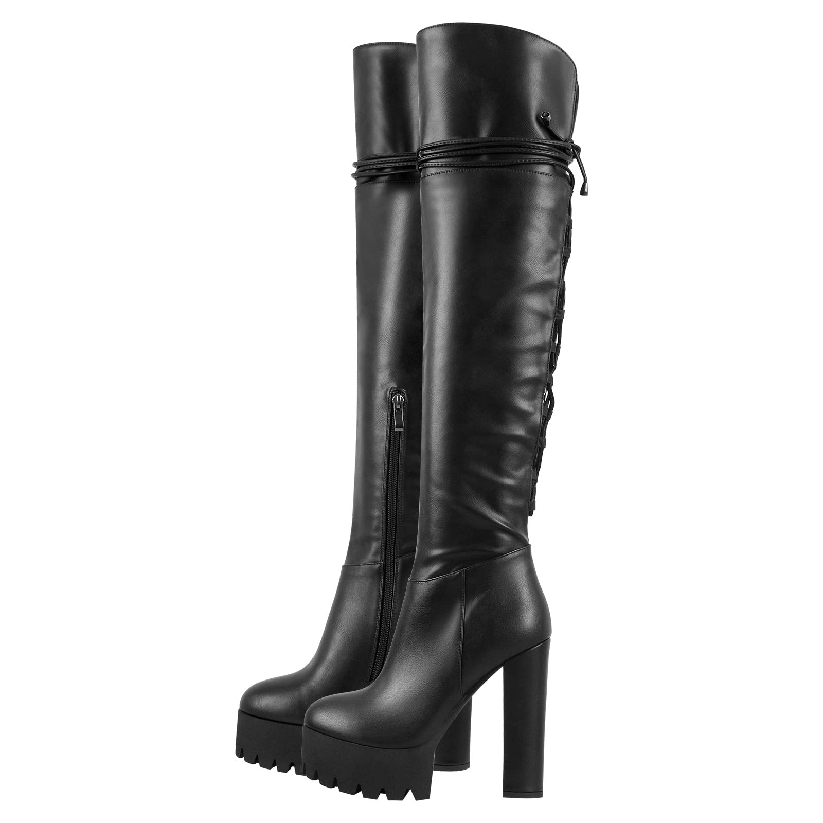 Only maker Damen Overknee Stiefel Schnürstiefel Plateau Blockabsatz High Heels Boots