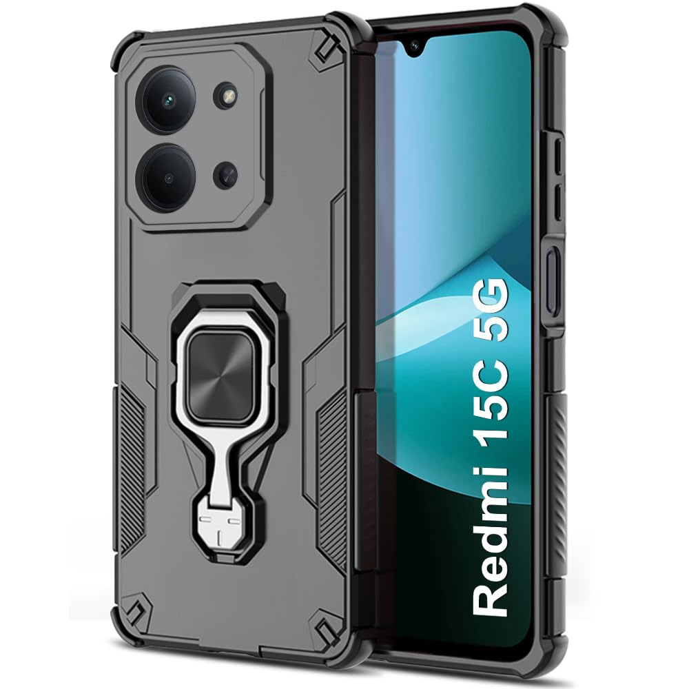 TheGiftKart Tough Armor Bumper Back Case Cover for Redmi 15C 5G | Ring Holder & Kickstand in-Built | 360 Degree Protection Back Case Cover for Redmi 15C 5G (PC & TPU, Black)
