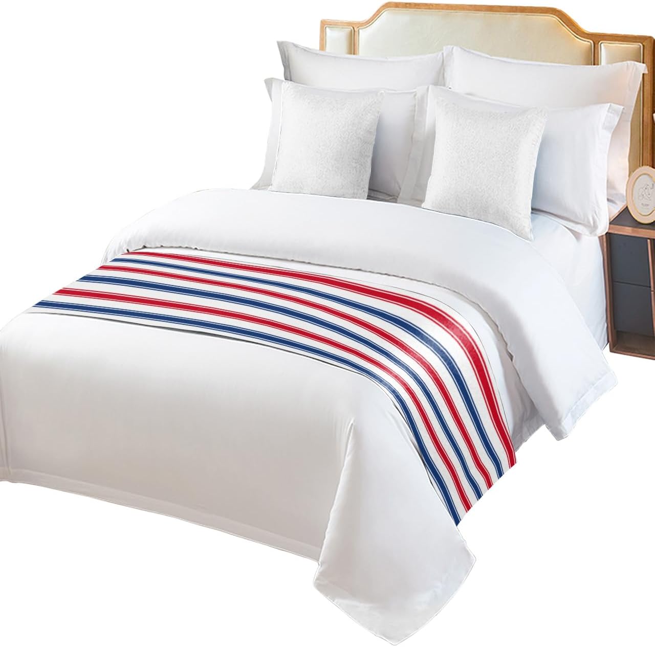 Bed Runner Independence Day Bedroom Bedding Scarves for Full Size Bed, Colorful Blue Red White 83x20In Bed Runners Scarf for Hotel Guestroom Wedding Room Decortions Modern Geometric Striped