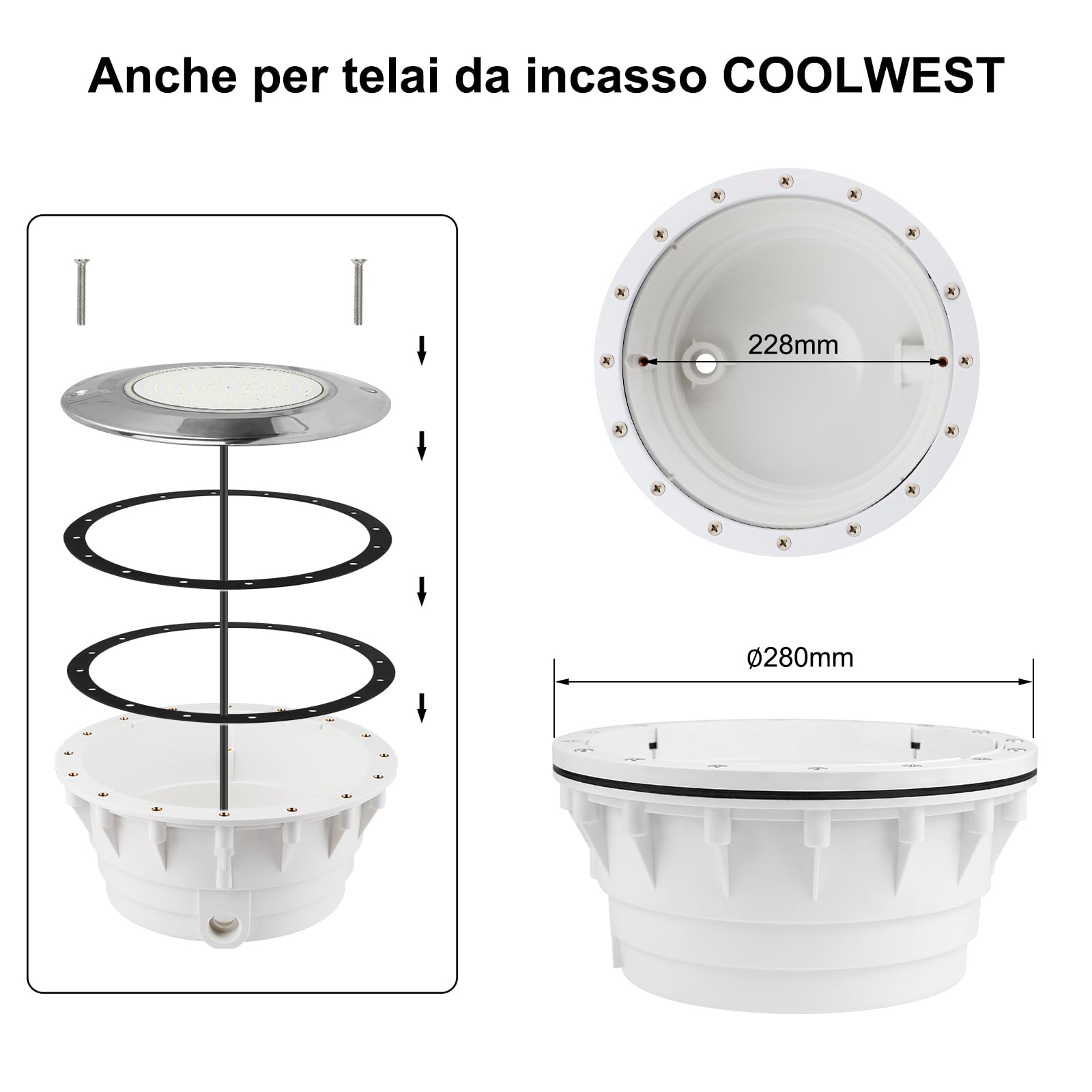 COOLWEST Luce Piscina LED Riempito di Resina, 36W Bianco Freddo Faretti LED Illuminazione ultrapiatta Acciaio inossidabile, Luci Piscina IP68 Impermeabile, 12V DC, 6000K, Montaggio Superficiale