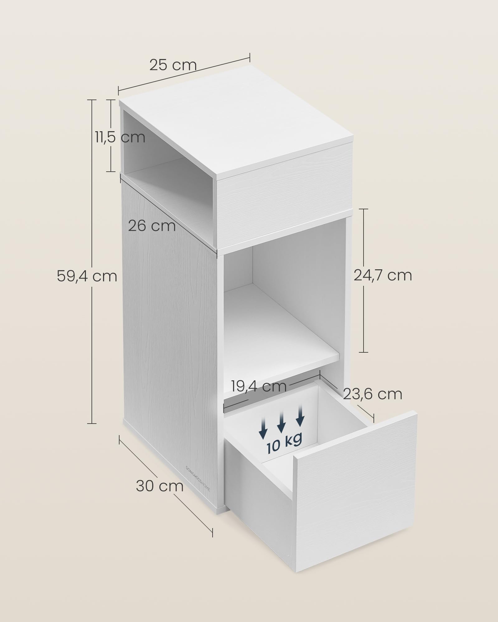 SONGMICS HOME Comodino Sottile, Montaggio Rapido Senza Attrezzi Toolless, Tavolino con 2 Scomparti Aperti e 1 Cassetto, per Camera da Letto, 30 x 25 x 59,4 cm, Bianco Neve LET911WE01