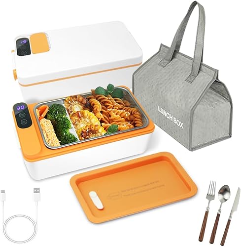 Miniatura 1 de Fiambrera eléctrica inalámbrica, lonchera calentada con pilas, calentamiento de alimentos de 1 litro, tiempo de calentamiento ajustable viene con