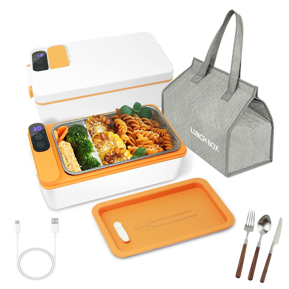 SL Euthtion Cordless Electric Lunch Box, Battery Powered Heated Lunch Box，Food Heate 1L Adjustable Heating time Comes with Tableware and Insulated Bag Used for Trucks, Camping, Offices