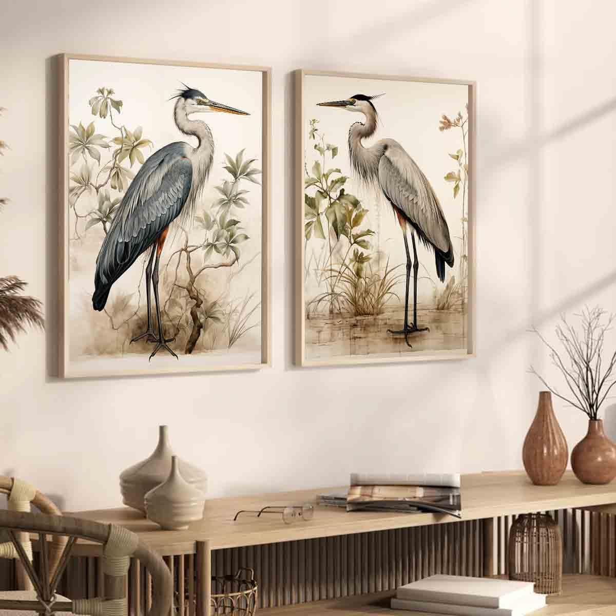 Mostemauo Grey Heron Bird Wall Art Canvas Print Poster, 16x24inchx2pcs No Frame