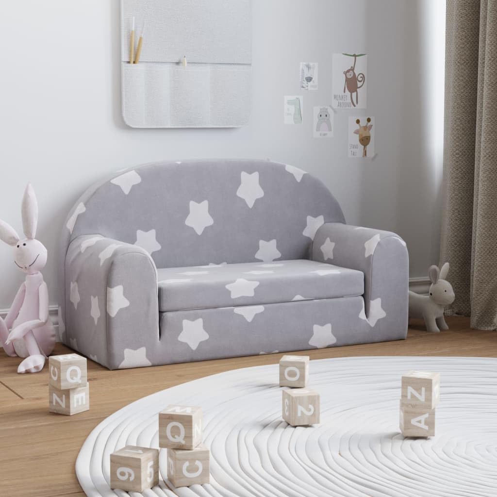 vidaXL Canapé-lit Enfant 2 Places, Lit de Jour avec Dossier et Accoudoirs, Lit d'Invité pour Tout-Petits Chambre, Gris Clair Étoiles Peluche Douce
