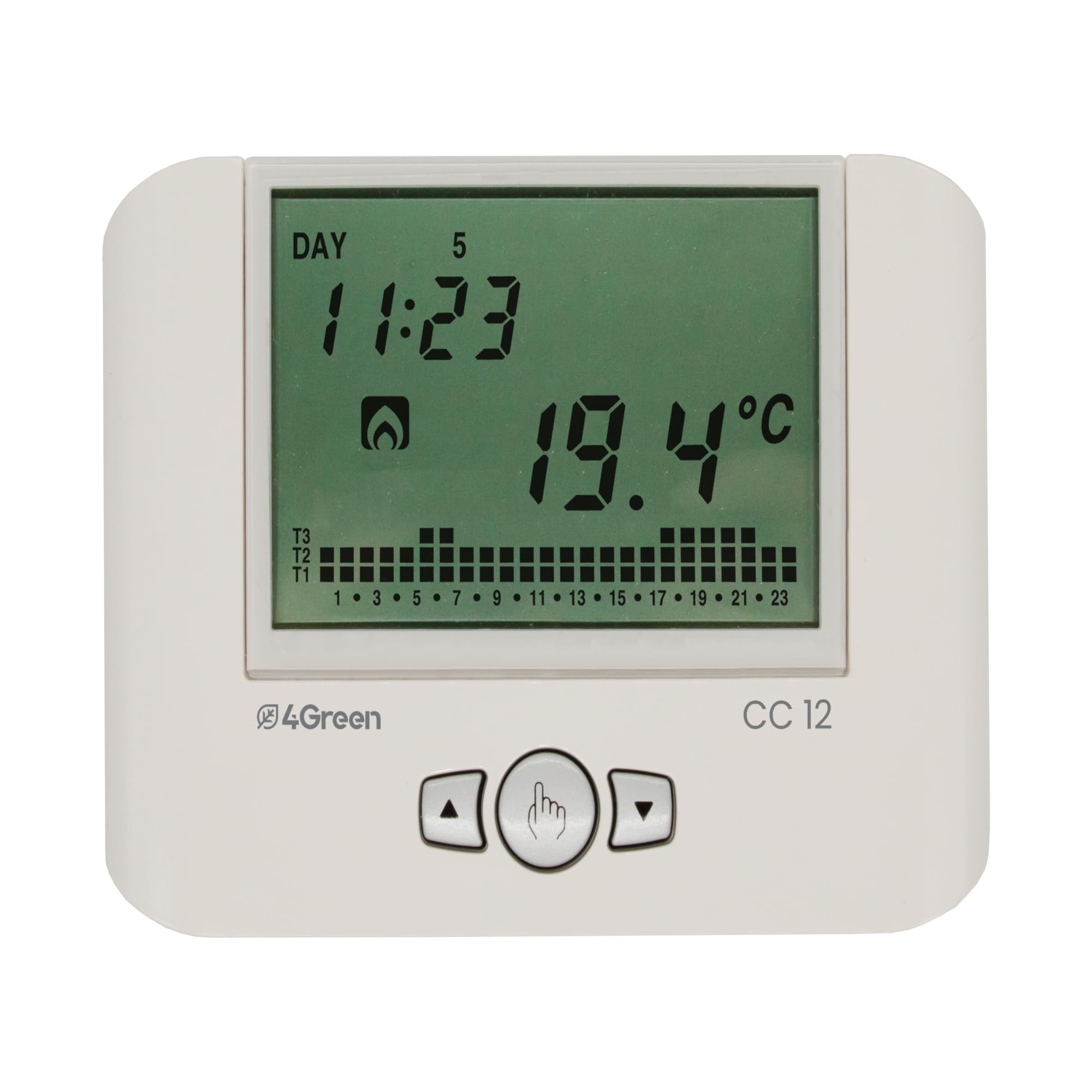 4GREEN CC 12B – Cronotermostato Programmabile Digitale, Termostato per Riscaldamento e Condizionamento Alimentato a Batterie, Installazione a Parete, Programmazione Settimanale, Bianco
